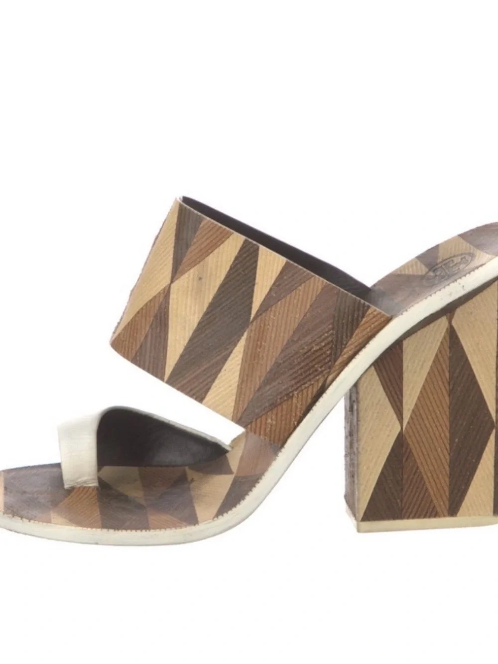 Tory Burch Brown and Cream Geometric Block Heel Espadrille Slide